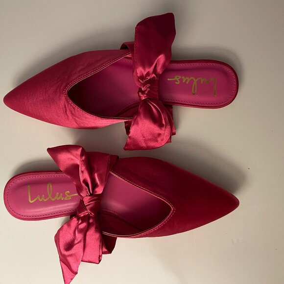 Lulus Shoes - Lulus Sylviee Pink Satin Pointed Toe Bow Mules, Sz 8
